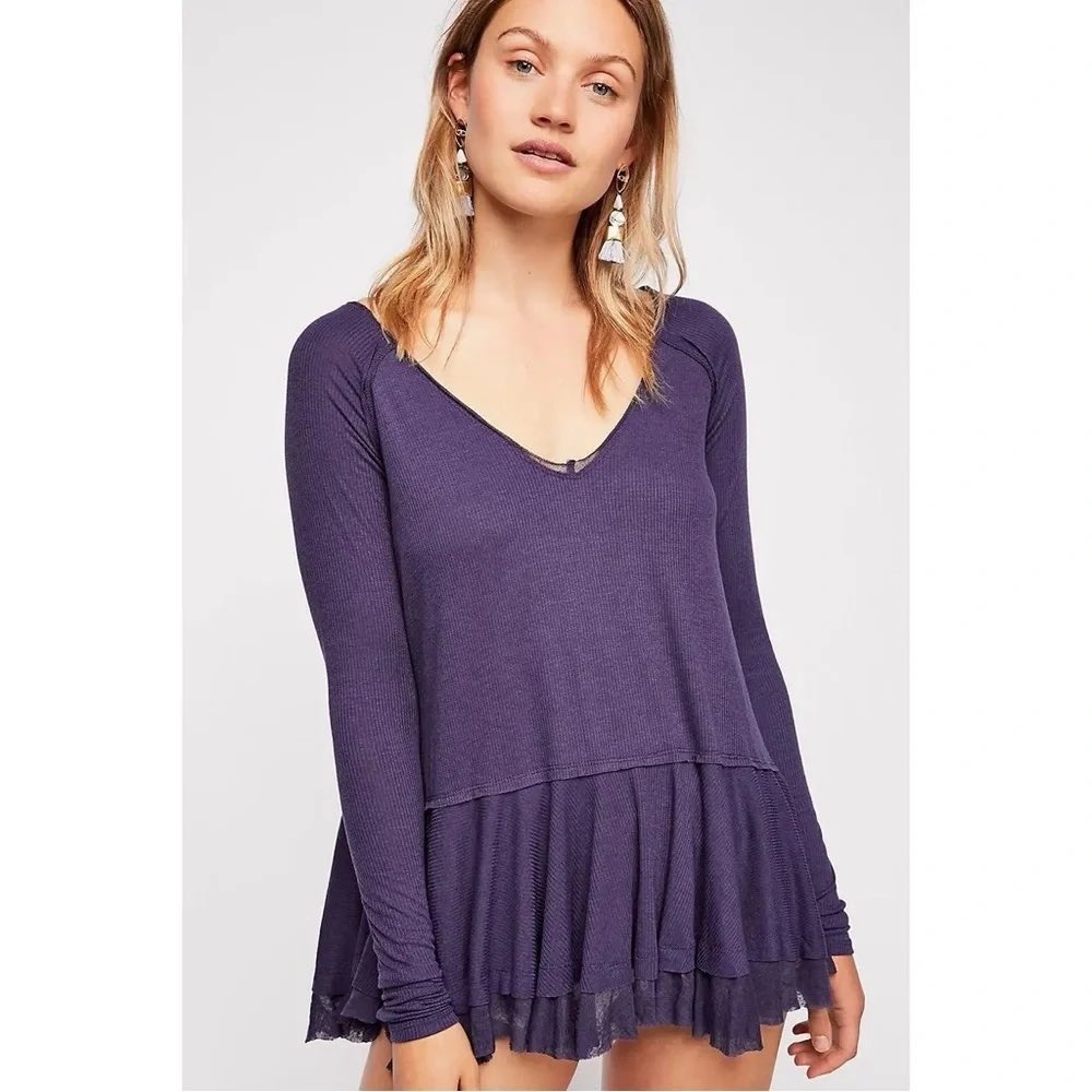 We The Free Free People Royal Blue Ruffle Peplum V-Neck Top Medium